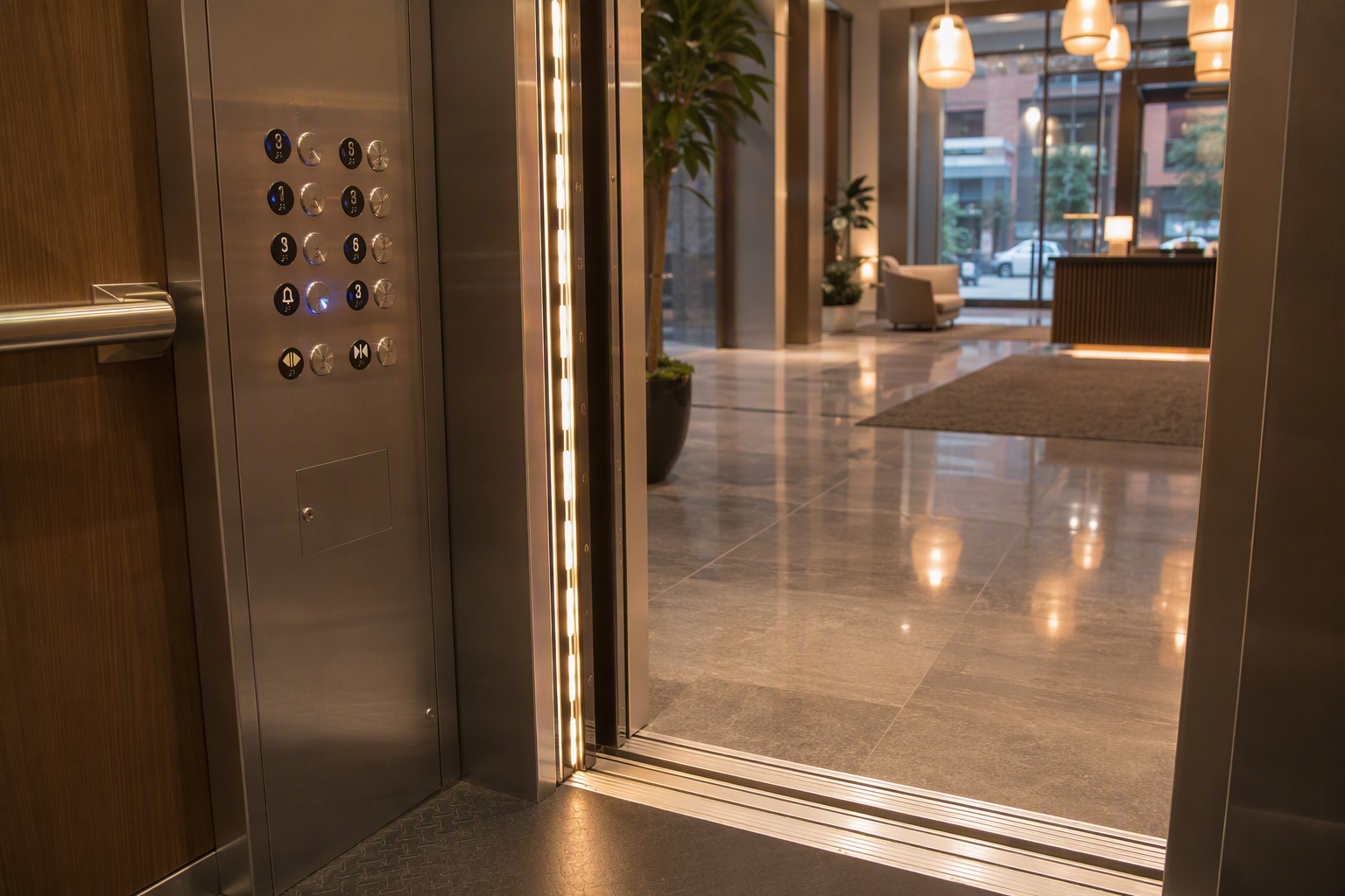 ADA-Compliant Elevator Cab After Renovation Upgrade ADA-compliant elevator cab interior with Braille button panel and multi-beam door safety device in a newly renovated Baltimore mixed-use residential building.