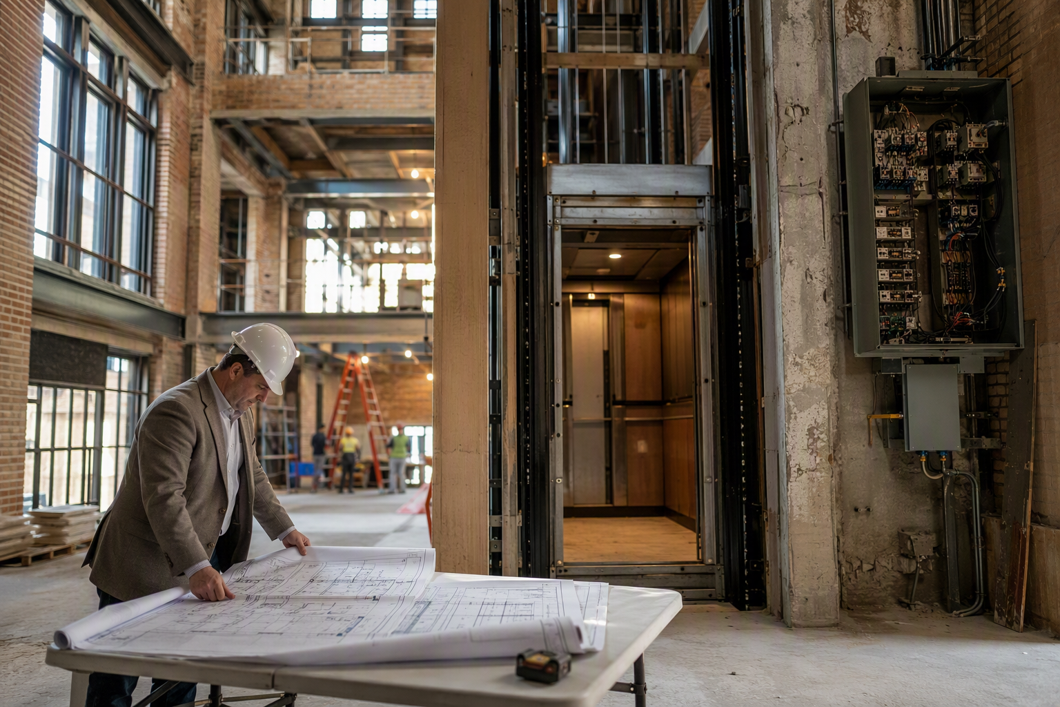 Elevator Upgrade Code Review During Baltimore Building Renovation Building manager reviewing elevator upgrade plans inside a Baltimore commercial building undergoing major renovation and change of use, with existing elevator cab visible in background.