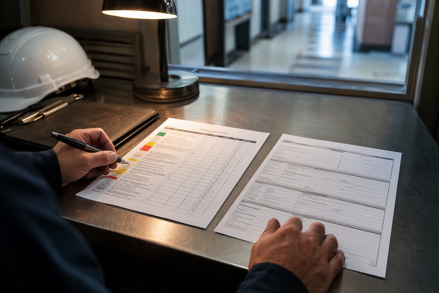 School Elevator Inspection Documentation Review Elevator inspector reviewing ASME A17.1 compliance checklist and state inspection documents for a school building elevator maintenance program