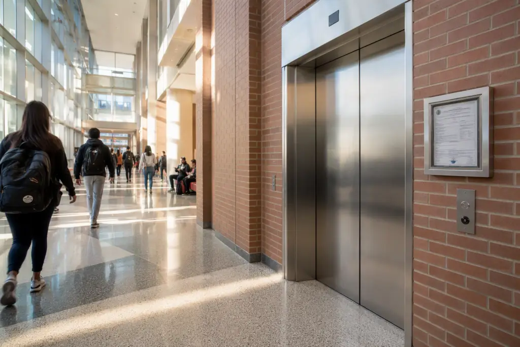 University elevator lobby in Washington DC showing stainless-steel doors and wall-mounted inspection certificate highlighting school elevator compliance requirements