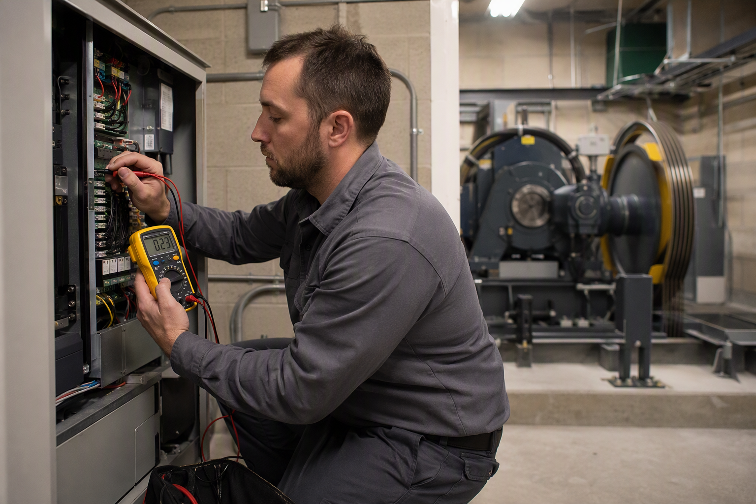 University Elevator Machine Room Preventive Maintenance Elevator technician performing preventive maintenance on a traction elevator controller in a university building machine room as required by school elevator maintenance programs