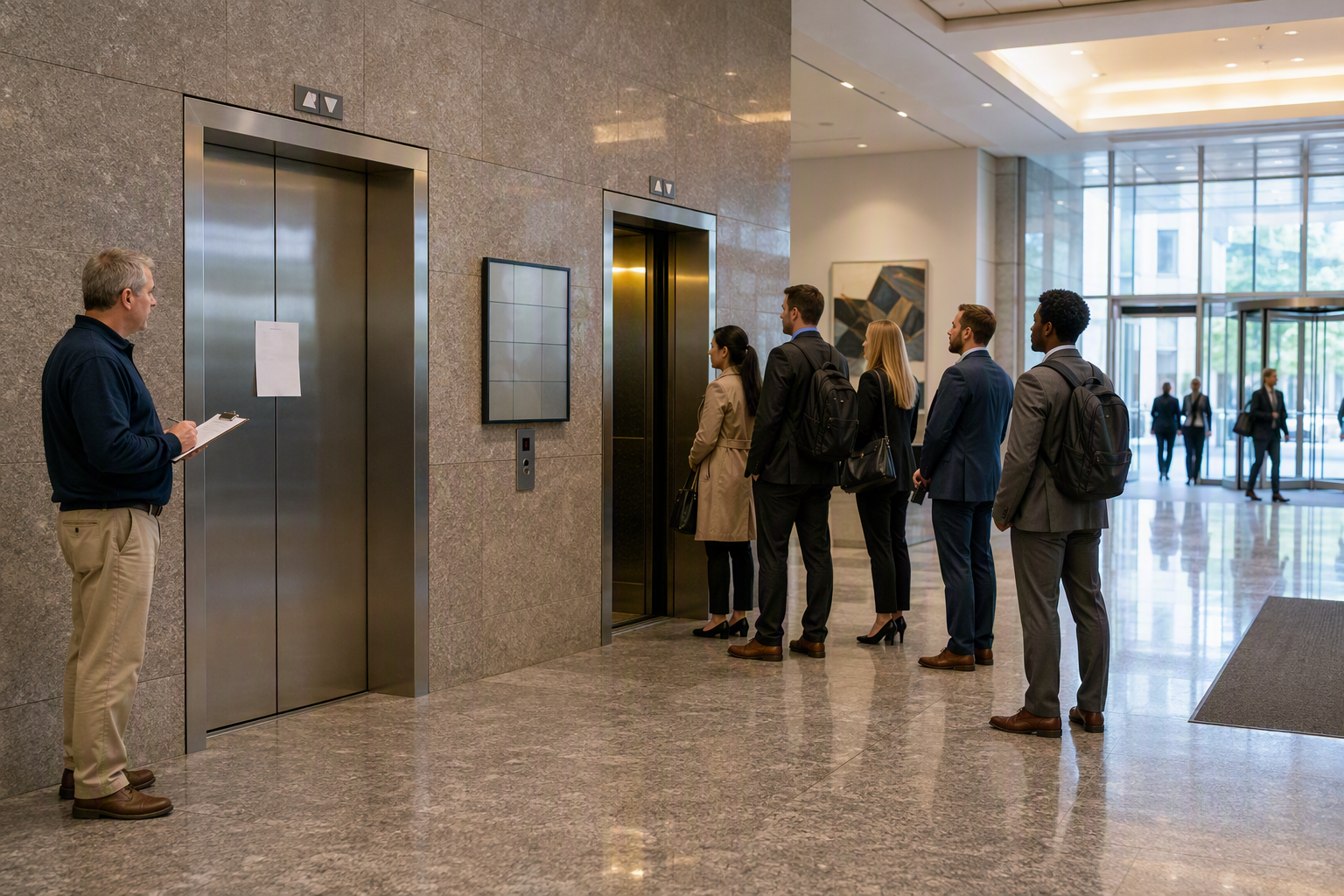 Elevator Downtime in a Commercial Lobby Facility manager reviewing out-of-service elevator in a Washington DC commercial office lobby, illustrating elevator downtime cost statistics for building owners.