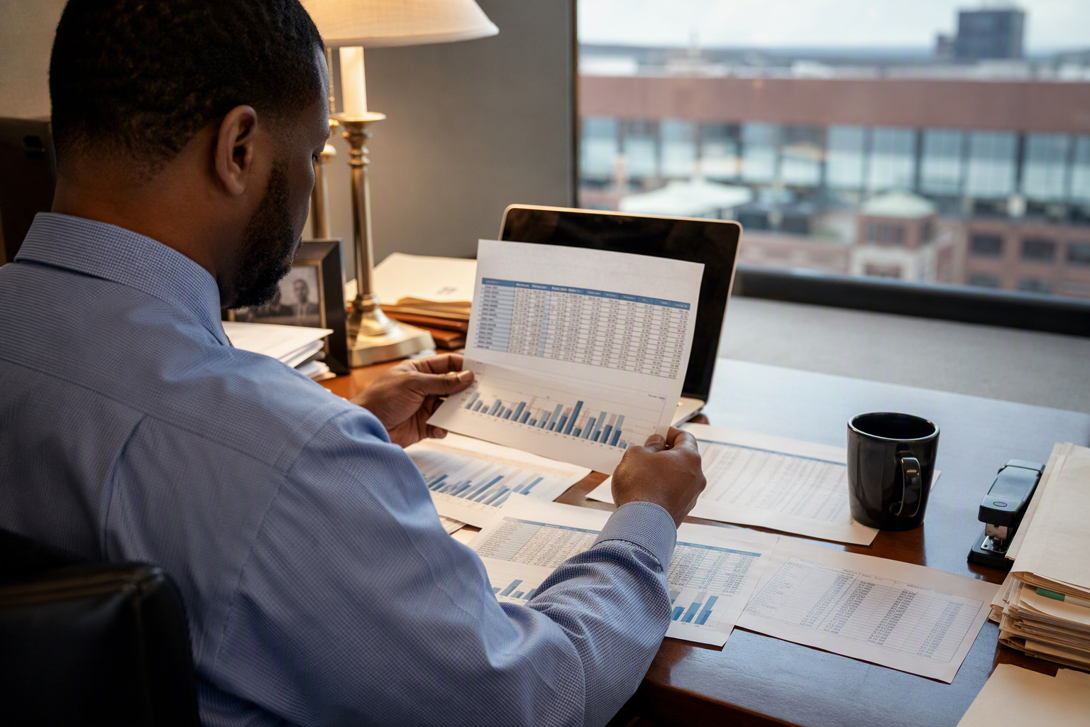 Reviewing Elevator Downtime Cost Categories Building manager reviewing elevator downtime cost breakdown documents at a desk, analyzing repair expenses, lost productivity, and liability exposure statistics.