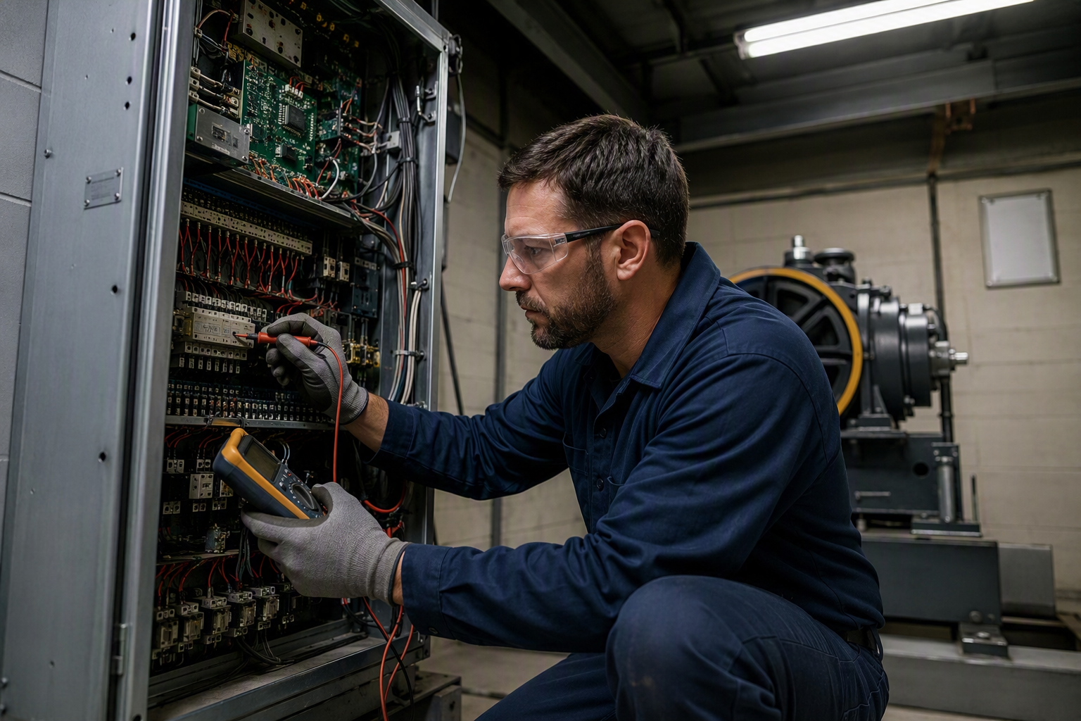 Technician Diagnosing Elevator Controller Failure Elevator technician diagnosing controller equipment in a machine room during an unplanned repair call, relevant to elevator downtime frequency and repair cost statistics.