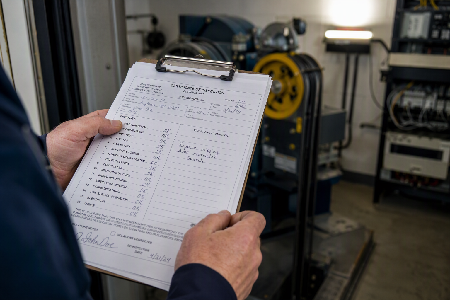 Maryland elevator inspector reviewing a written inspection report with violation citations outside an elevator machine room in a Baltimore building