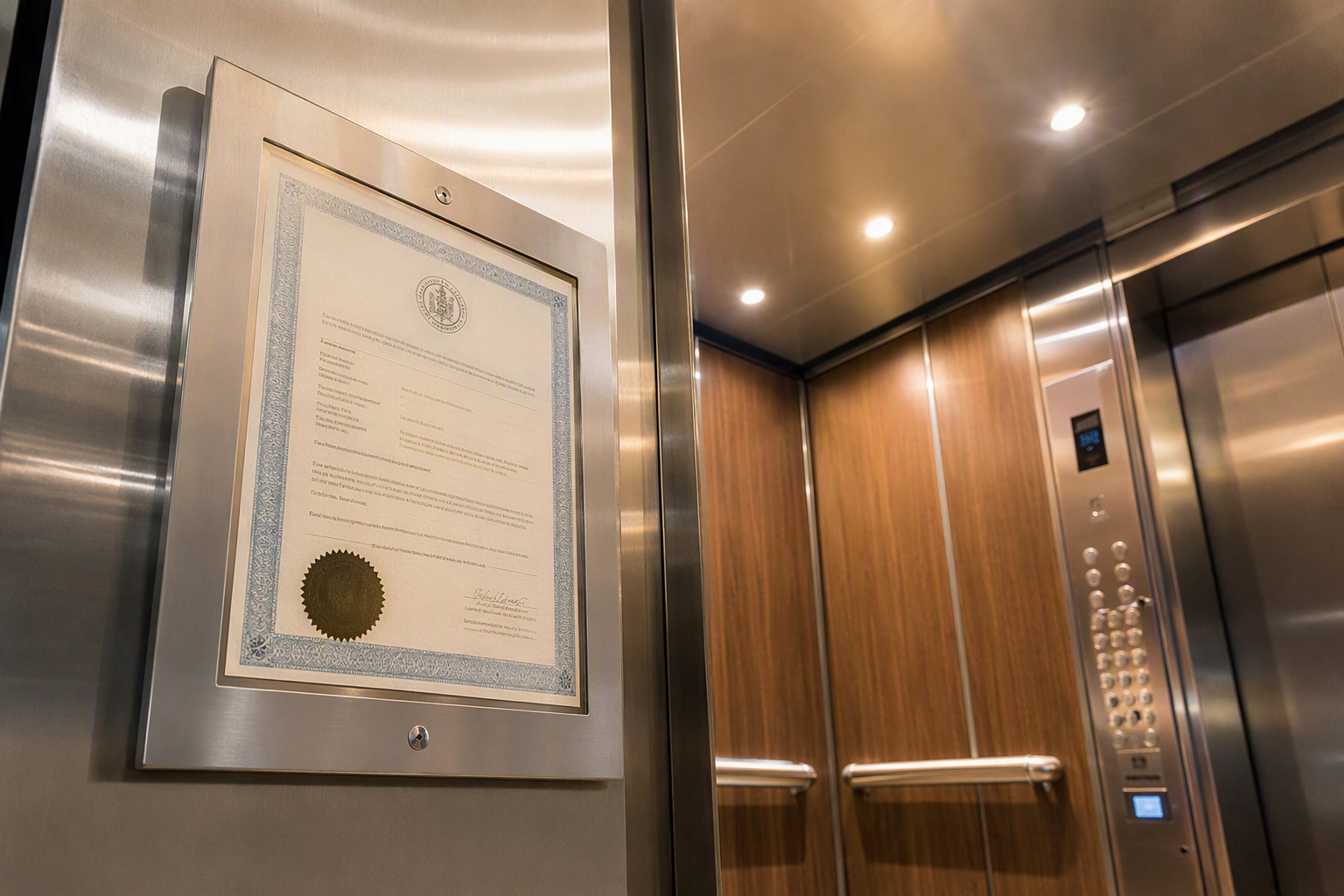 Maryland Certificate of Operation posted inside a newly reinspected elevator cab interior in a Baltimore building, confirming the unit passed follow-up inspection