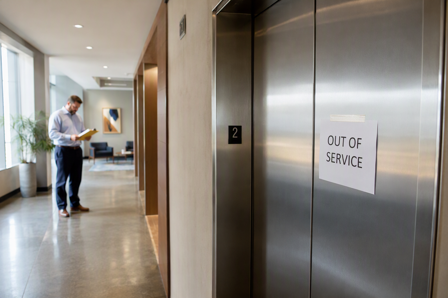 Closed stainless steel elevator doors with an out-of-service notice posted in a Baltimore commercial building lobby after a failed elevator inspection