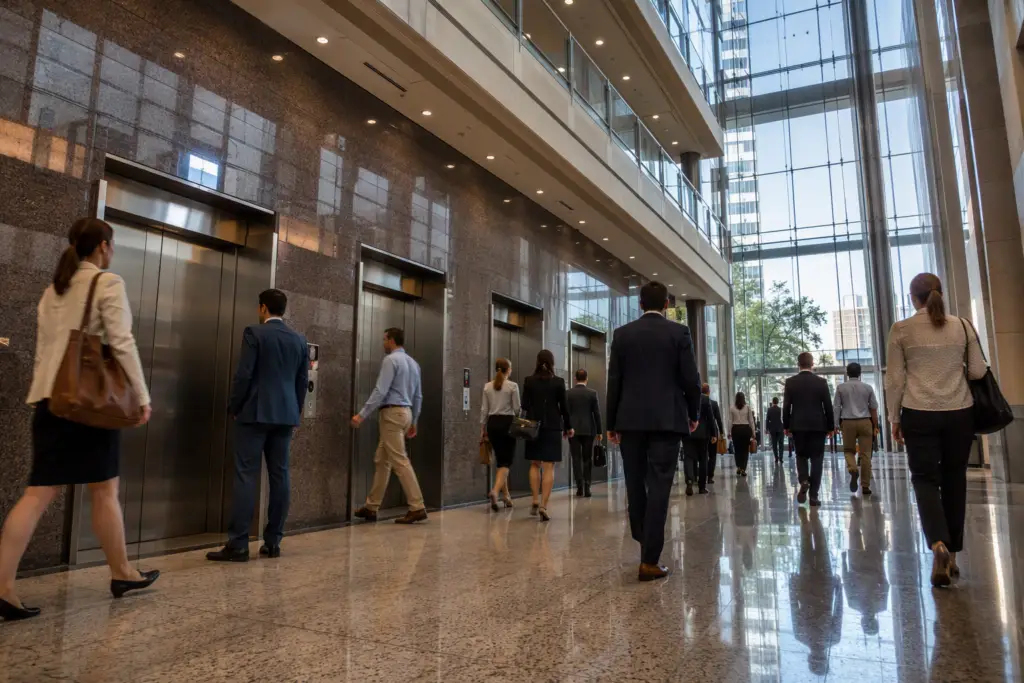 Busy Washington DC office building elevator lobby with three stainless steel elevator doors and commuters, illustrating the 18 billion annual US elevator trips cited in 2025 industry statistics.