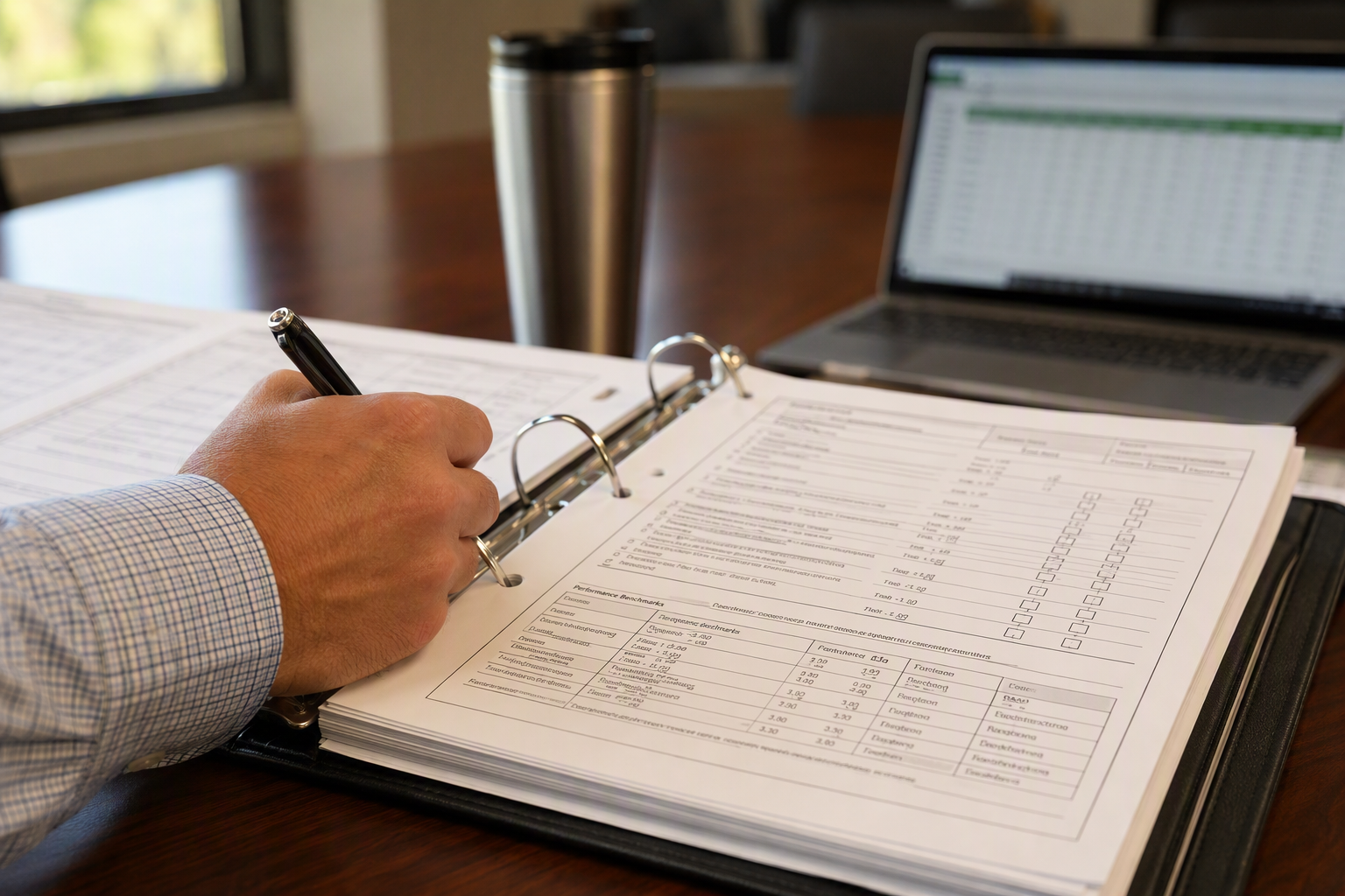 Building manager reviewing ASME A17.1 elevator compliance inspection data sheets on a conference table, reflecting key regulatory benchmarks in 2025 elevator industry statistics.