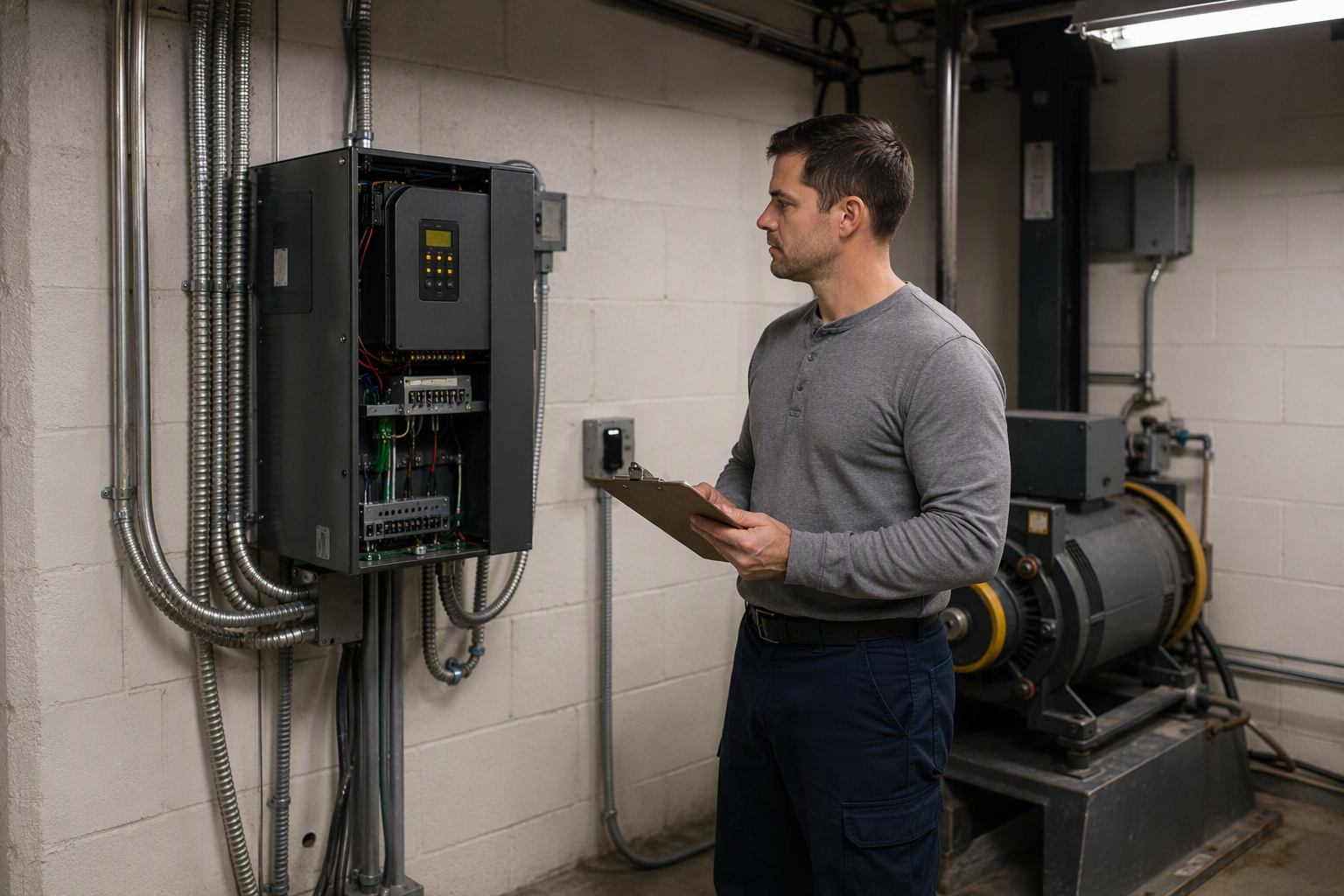 Elevator mechanic inspecting a variable-frequency drive controller in a commercial machine room, representing the installed base of 900,000 US elevators tracked in 2025 elevator industry statistics.