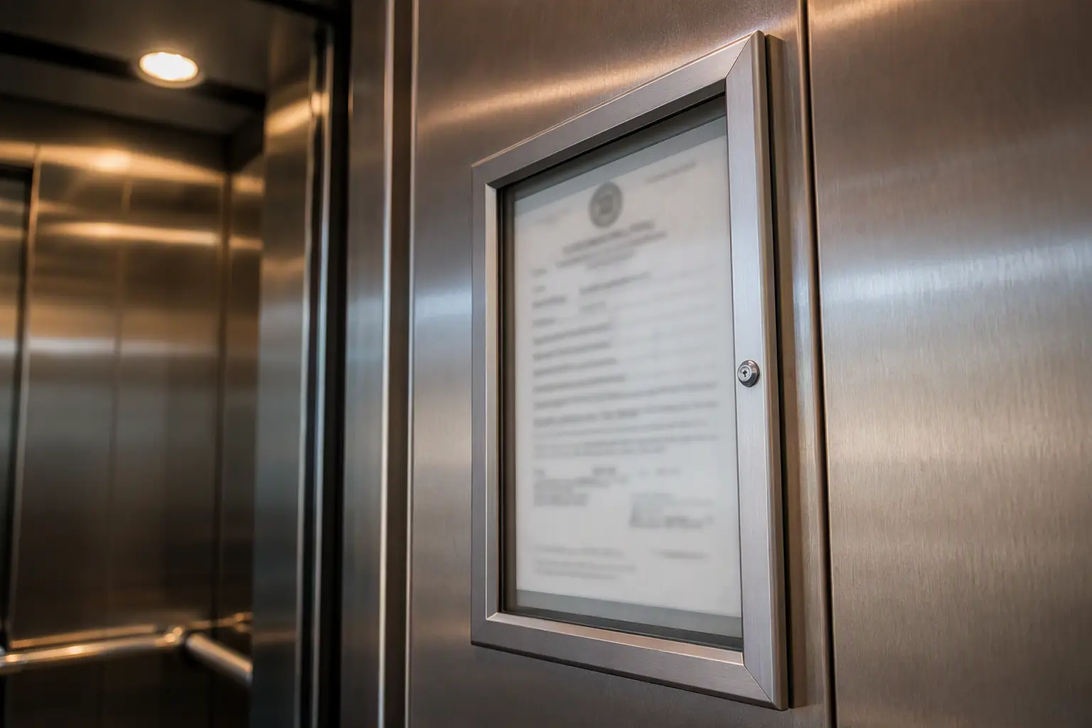 Elevator operating permit certificate mounted inside a commercial elevator cab, required by state inspection authorities in Maryland, DC, Pennsylvania, and Virginia