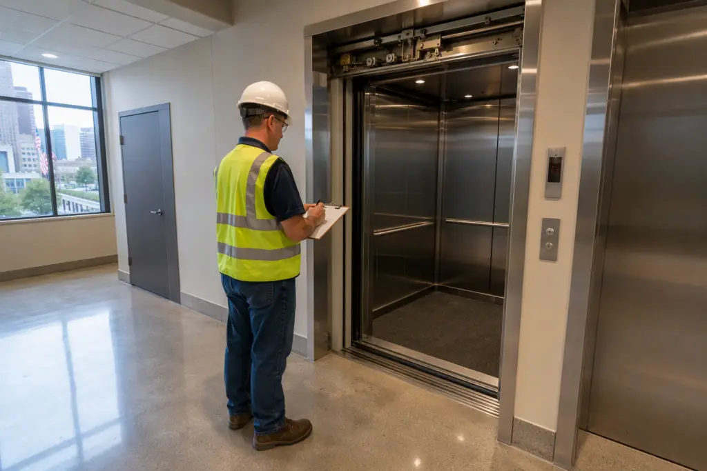 Licensed elevator inspector reviewing a commercial elevator cab and hoistway entrance in a Baltimore office building during an annual inspection