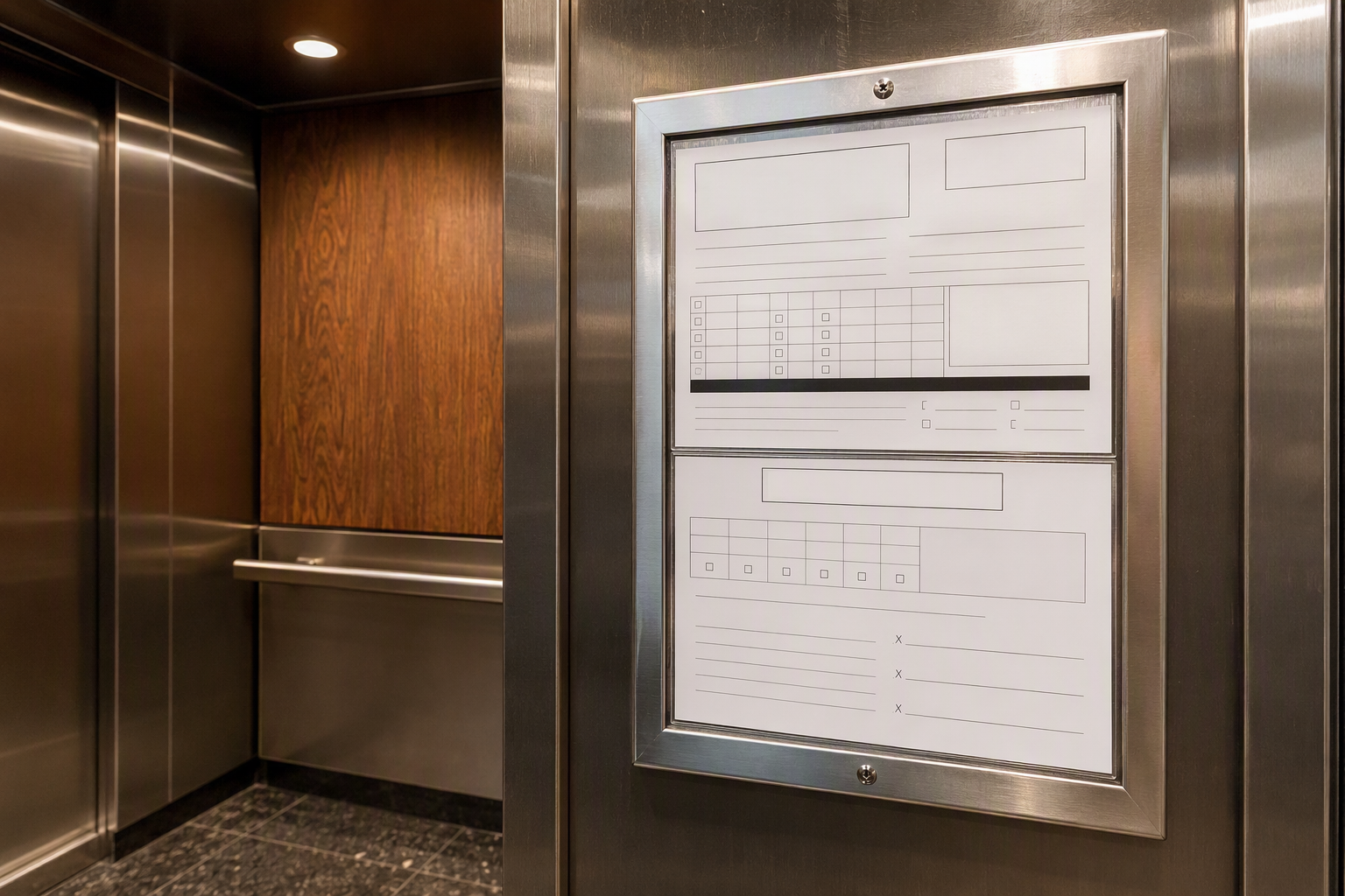 Elevator Inspection Certificate Inside Cab Elevator inspection certificate mounted inside a stainless-steel cab interior showing ASME A17.1 compliance documentation required annually in Maryland, DC, Virginia, and Pennsylvania