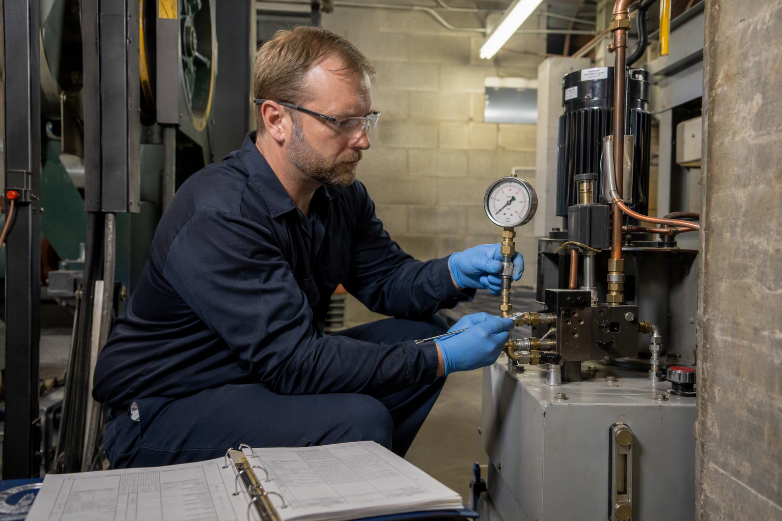 Hydraulic Elevator Five-Year Pressure Test Elevator technician performing a five-year hydraulic pressure test on a commercial hydraulic elevator power unit in a machine room, required under ASME A17.1 in Maryland, DC, Virginia, and Pennsylvani