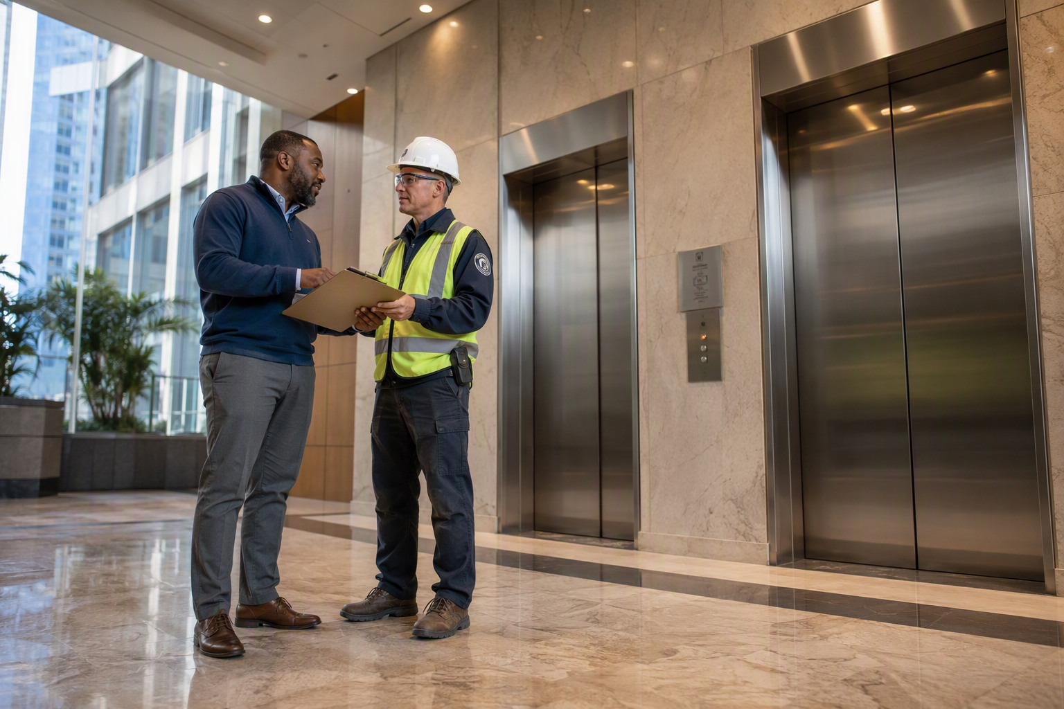 Annual Elevator Inspection Review Building manager and elevator inspector reviewing annual inspection paperwork in a Mid-Atlantic office building lobby with stainless steel elevator doors, Maryland DC Virginia Pennsylvania compliance