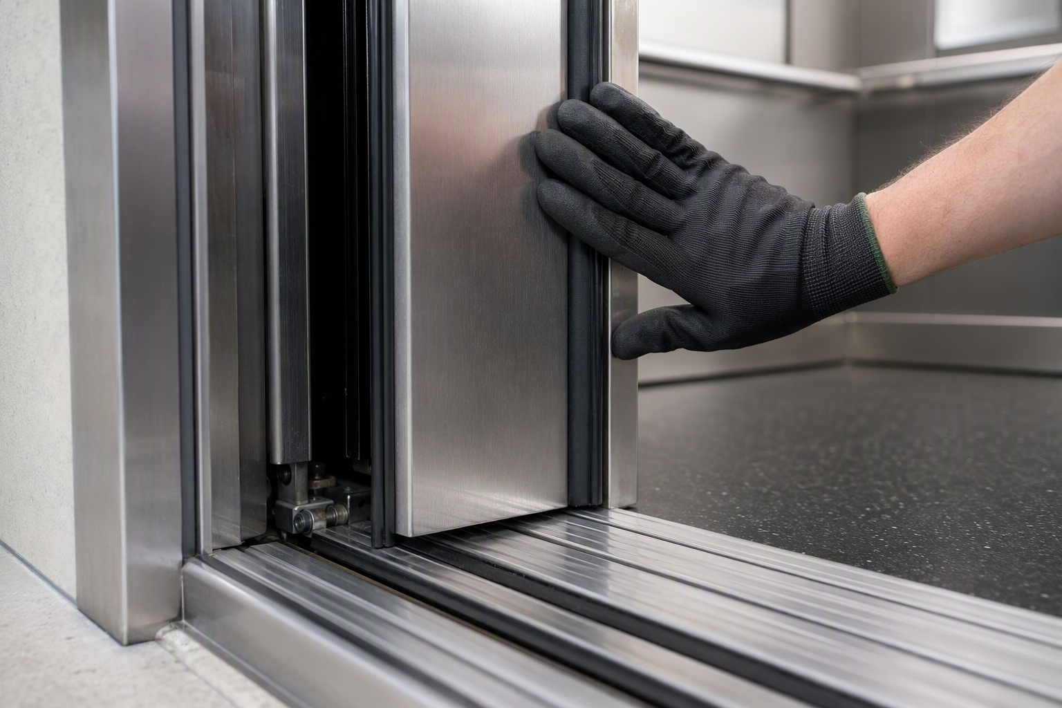 Door Safety Edge Function Test Close-up of an elevator door safety edge reopening device being tested — a common elevator inspection failure point under ASME A17.1