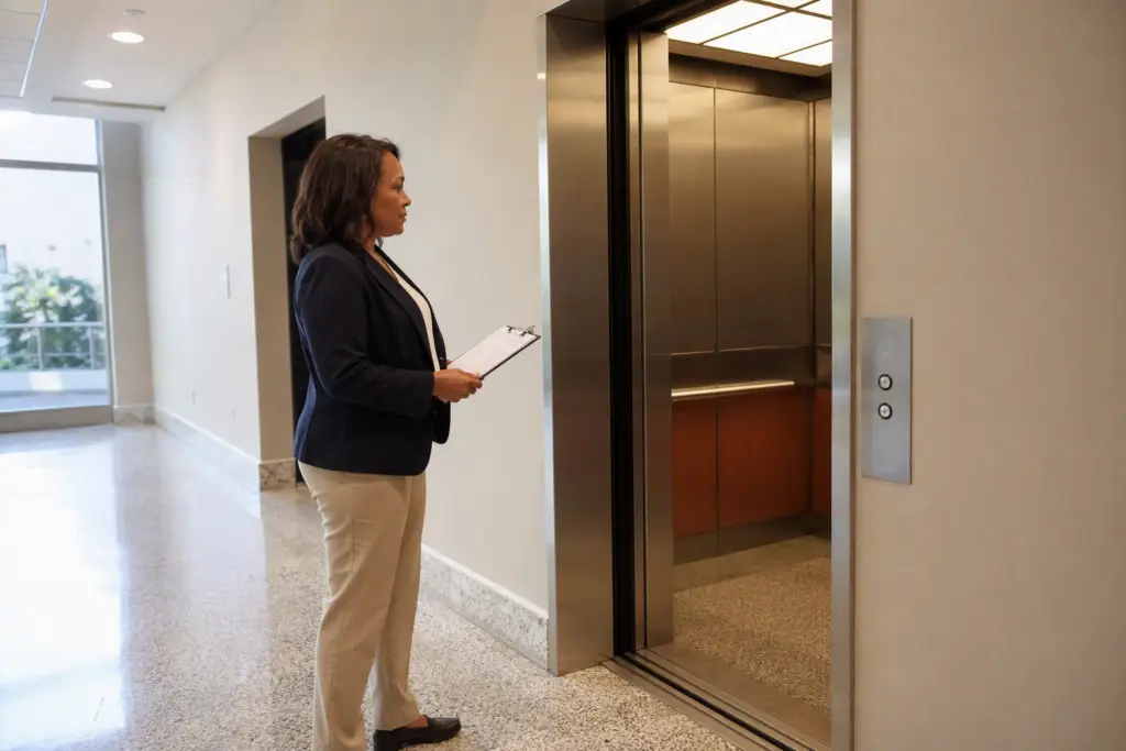 Building manager reviewing an elevator inspection checklist in a Baltimore office corridor before an official ASME A17.1 elevator inspection visit