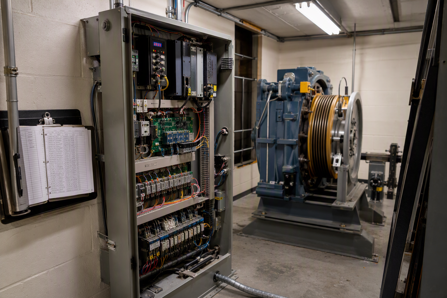 Machine Room Equipment and Maintenance Records Elevator machine room with open control cabinet and maintenance log binder showing service records required for a passing elevator inspection