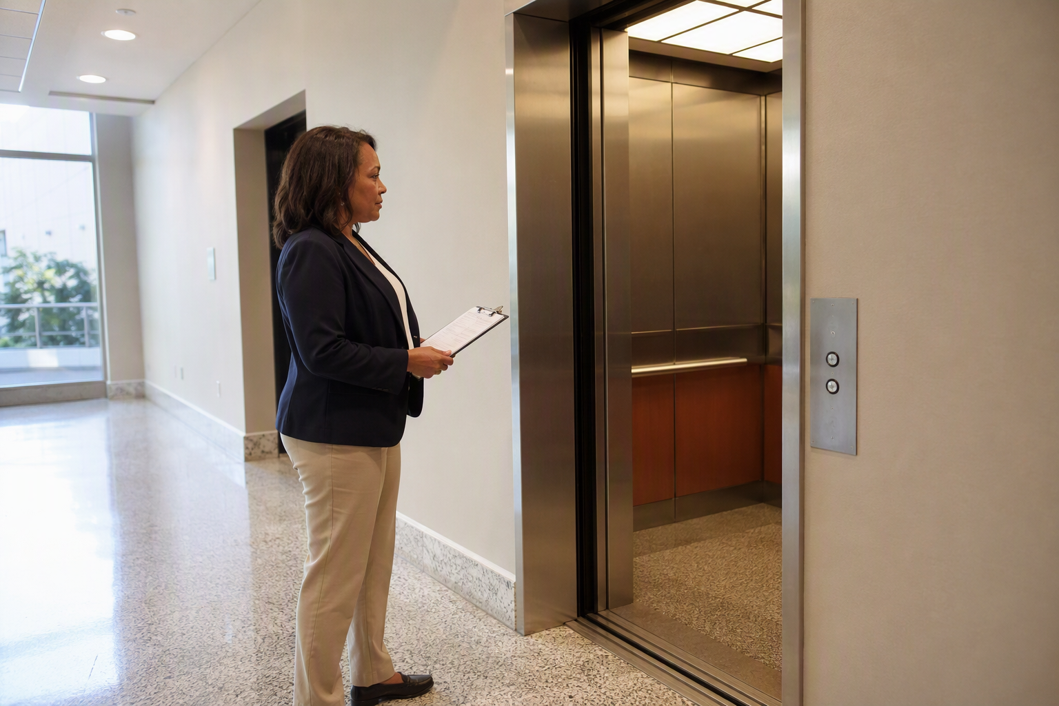 Pre-Inspection Self-Audit Checklist Building manager reviewing an elevator inspection checklist in a Baltimore office corridor before an official ASME A17.1 elevator inspection visit