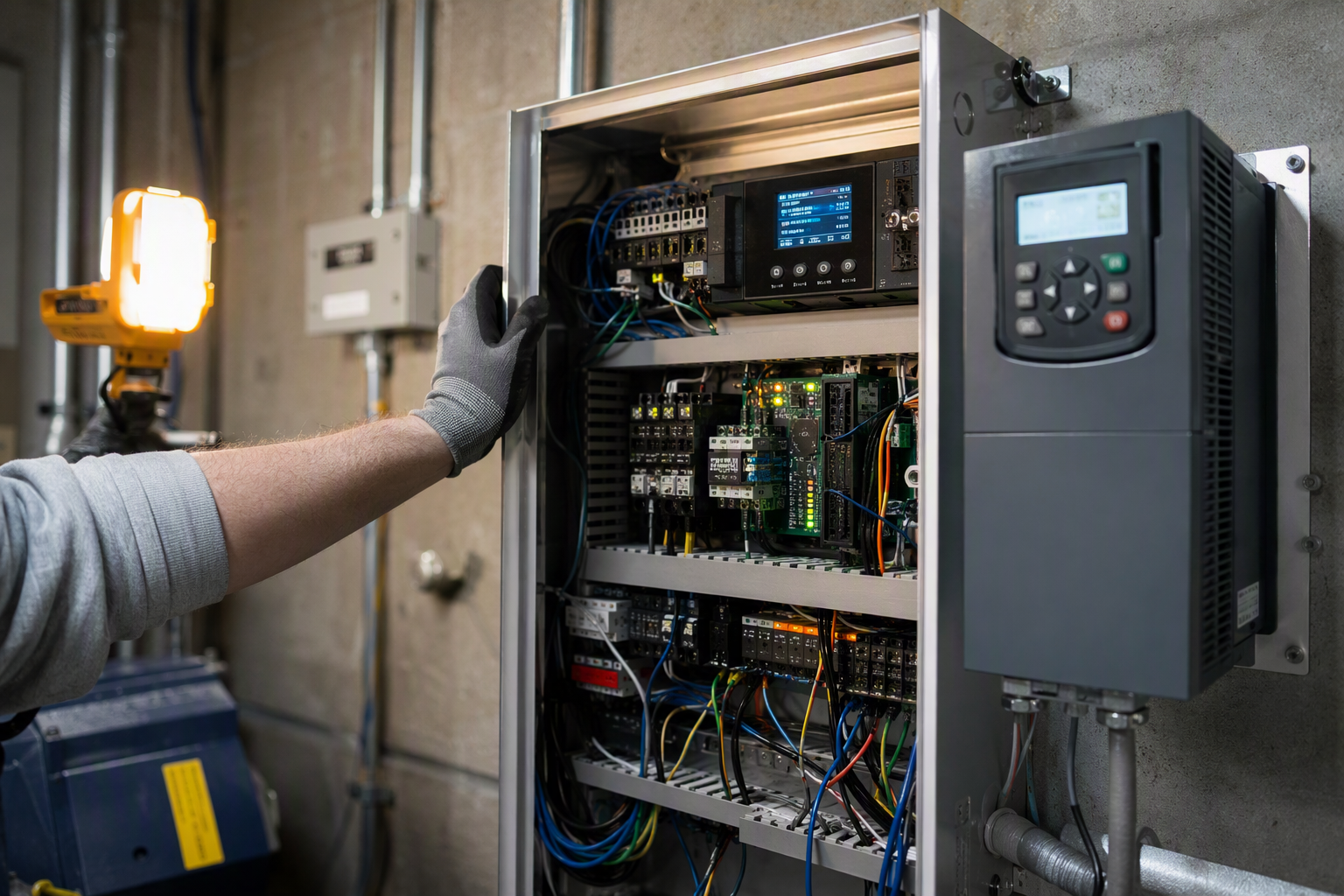 Newly installed solid-state elevator controller and variable-frequency drive in a commercial machine room, components that often qualify for accelerated depreciation