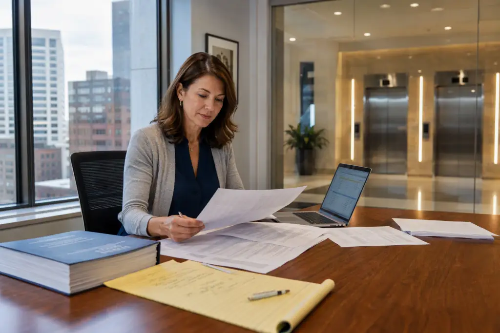 Building manager reviewing elevator modernization cost segregation documents at a desk to determine Section 179 tax deduction eligibility in 2026