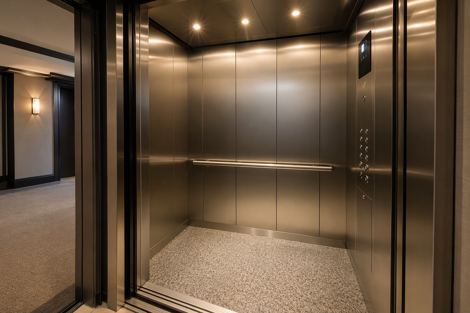 Modernized commercial elevator cab interior with LED lighting, stainless panels, and new flooring — components that may qualify for Section 179 expensing versus bonus depreciation
