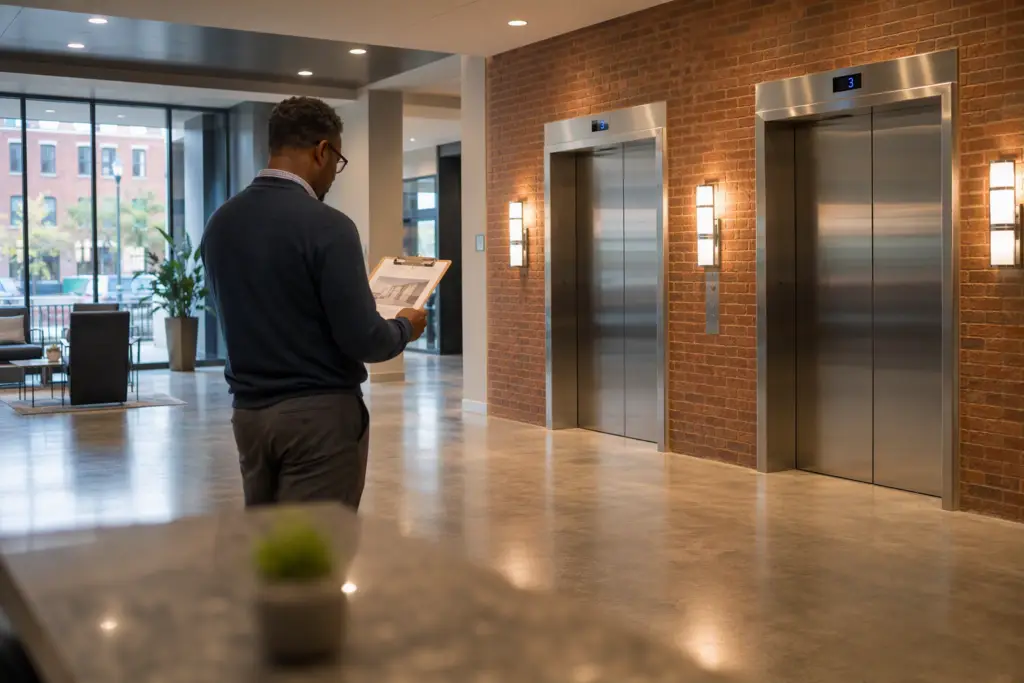 Modernized elevator lobby in a Baltimore MD commercial building featuring new stainless-steel doors, updated hall lanterns, and digital floor indicators — key elements that affect 2026 modernization c