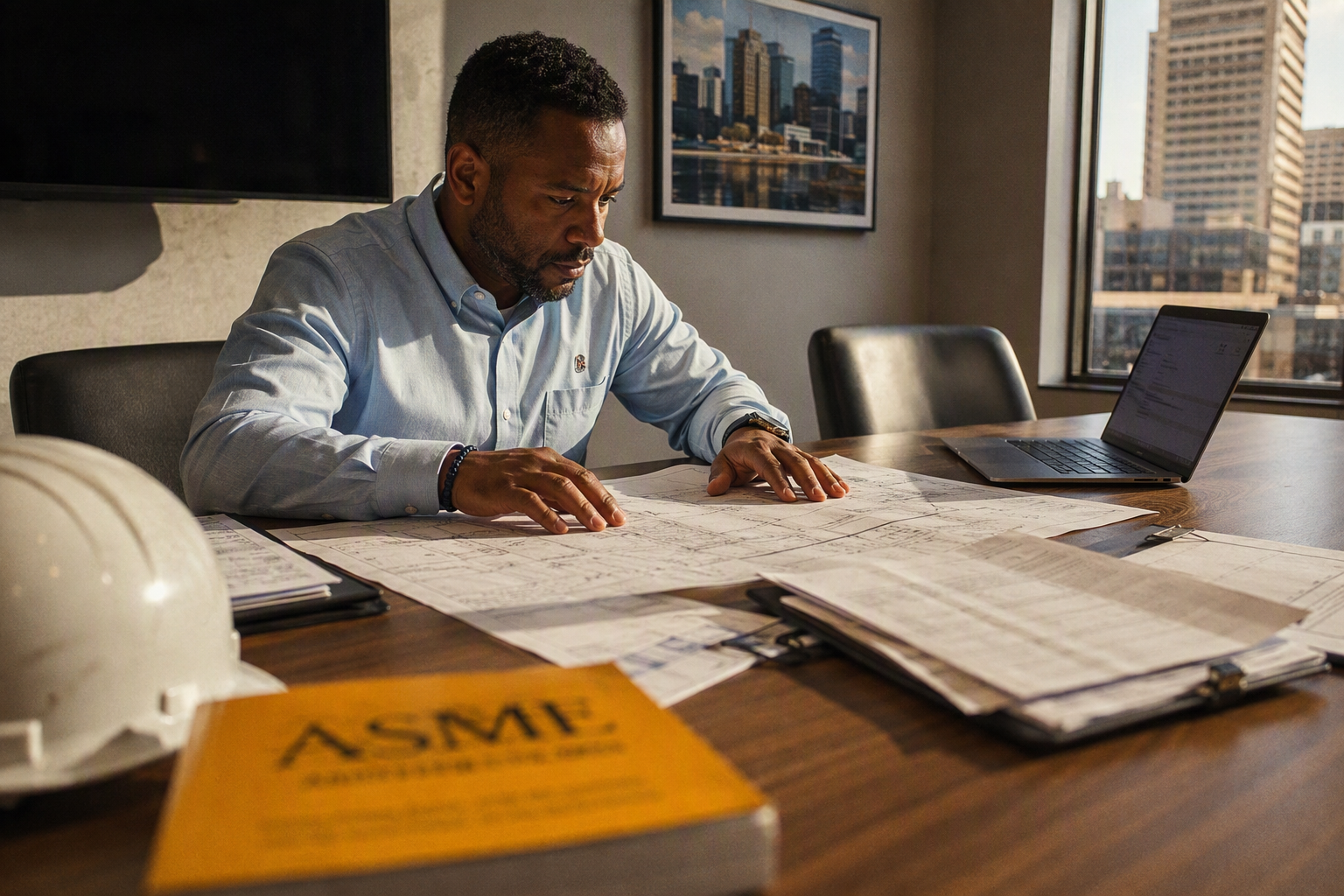 Baltimore building manager reviewing elevator modernization permit documents and ASME A17.1 compliance paperwork — regulatory requirements add to 2026 elevator modernization costs in Maryland.