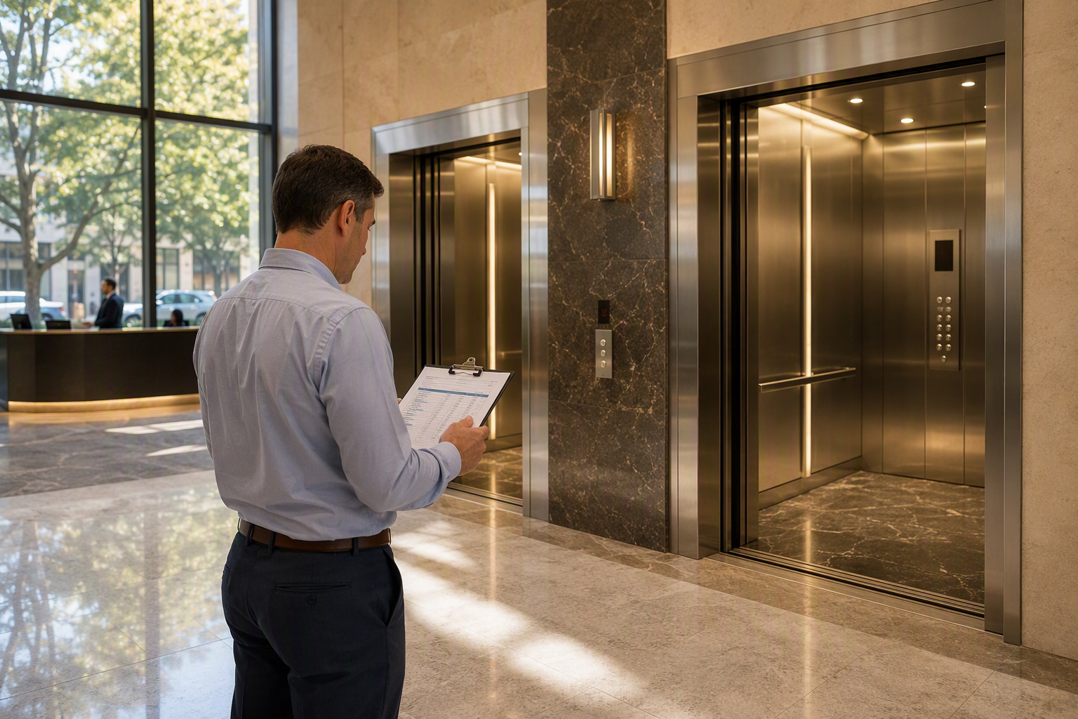 Modernized elevator cabs with LED interiors in a Washington DC office building lobby, illustrating the property value and ROI impact of elevator modernization for building owners.