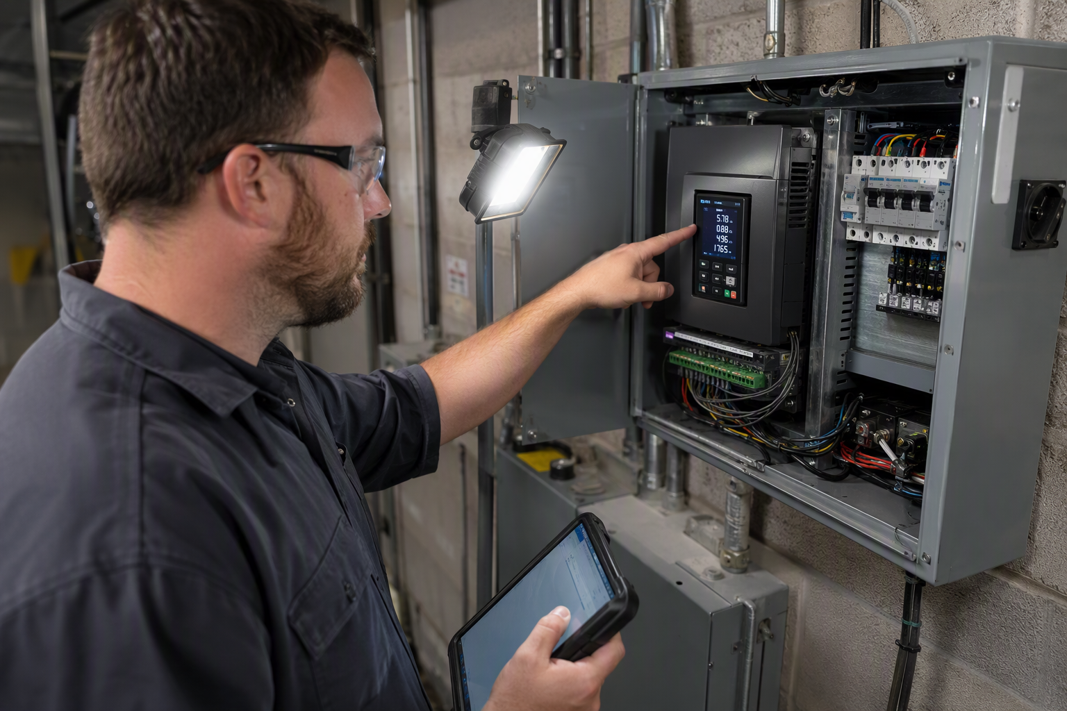 Elevator technician inspecting a variable-frequency drive controller in a Baltimore machine room, a key component in energy efficiency savings and modernization ROI statistics.