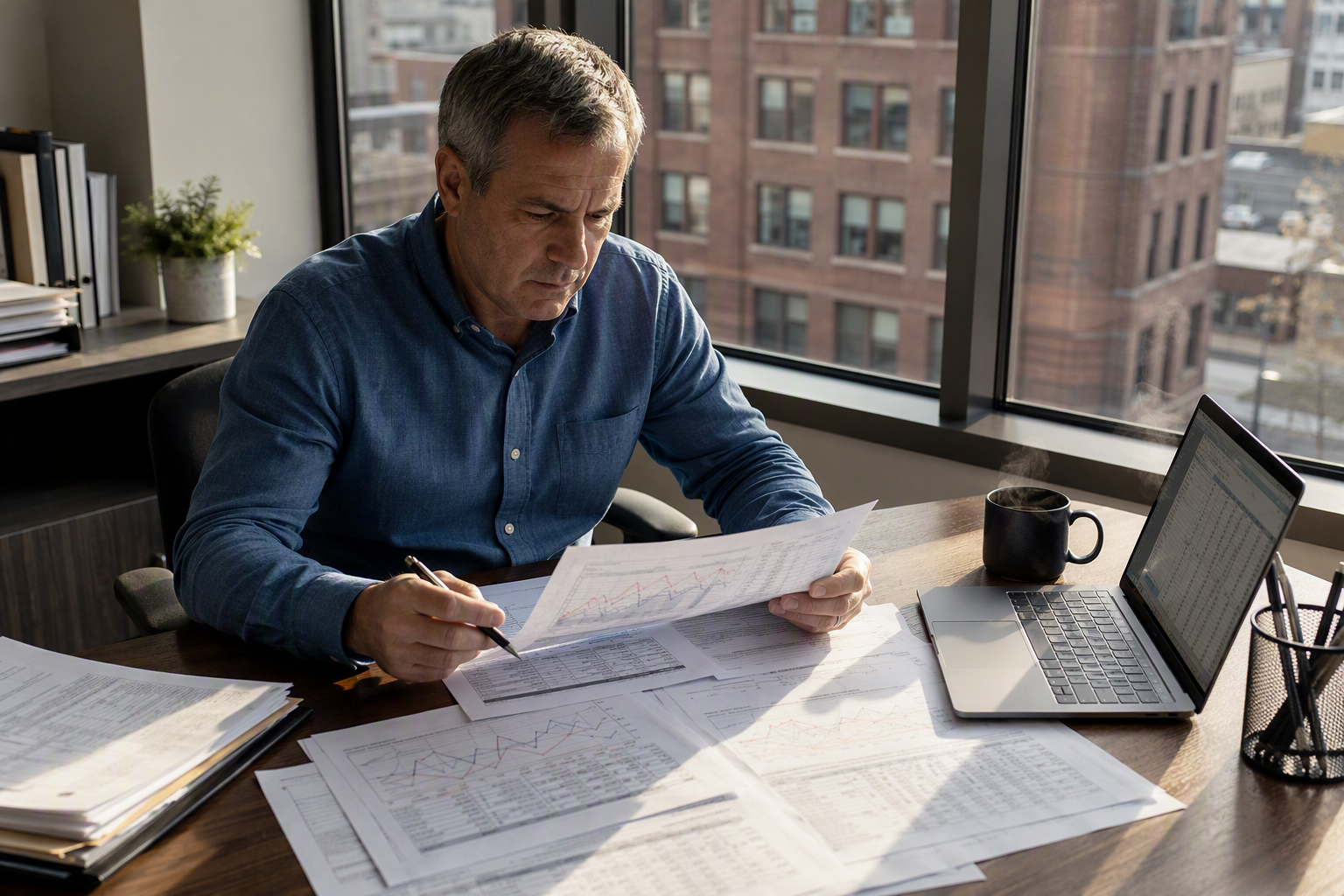 Facility manager reviewing elevator maintenance cost comparison data at a Philadelphia office desk, analyzing how modernization reduces service call frequency and long-term maintenance expenses.