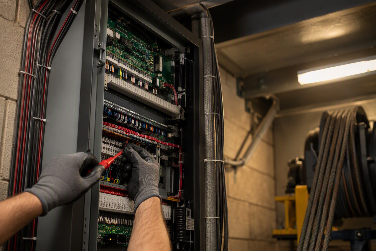 Modern Elevator Controller Installation Close-up of a modern elevator controller cabinet being serviced inside a hospital machine room during a full elevator modernization project.