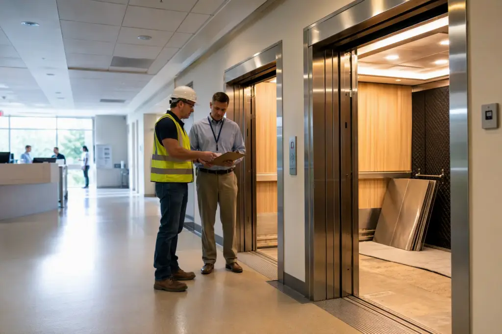Elevator technician and hospital facilities manager reviewing a modernization project at a healthcare facility elevator bank in a Baltimore-area medical building.