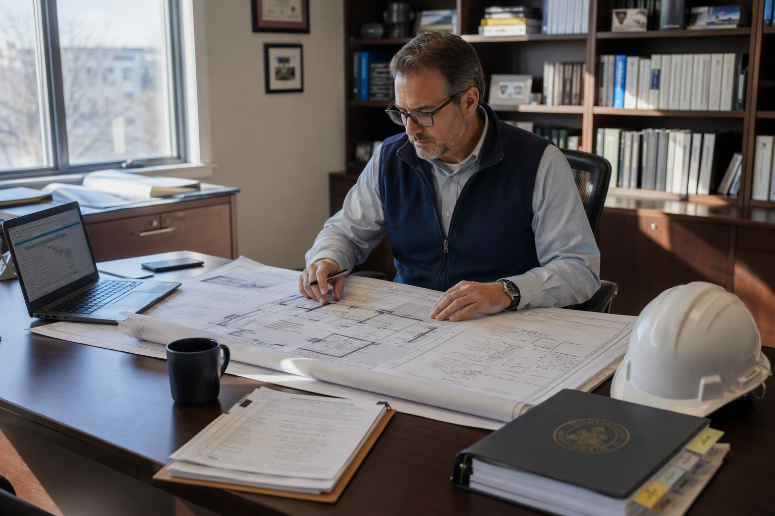 Reviewing Elevator Compliance Permits and Code Requirements Healthcare facilities manager reviewing elevator modernization permit drawings and state compliance inspection documents at a desk in a Washington DC medical office building.