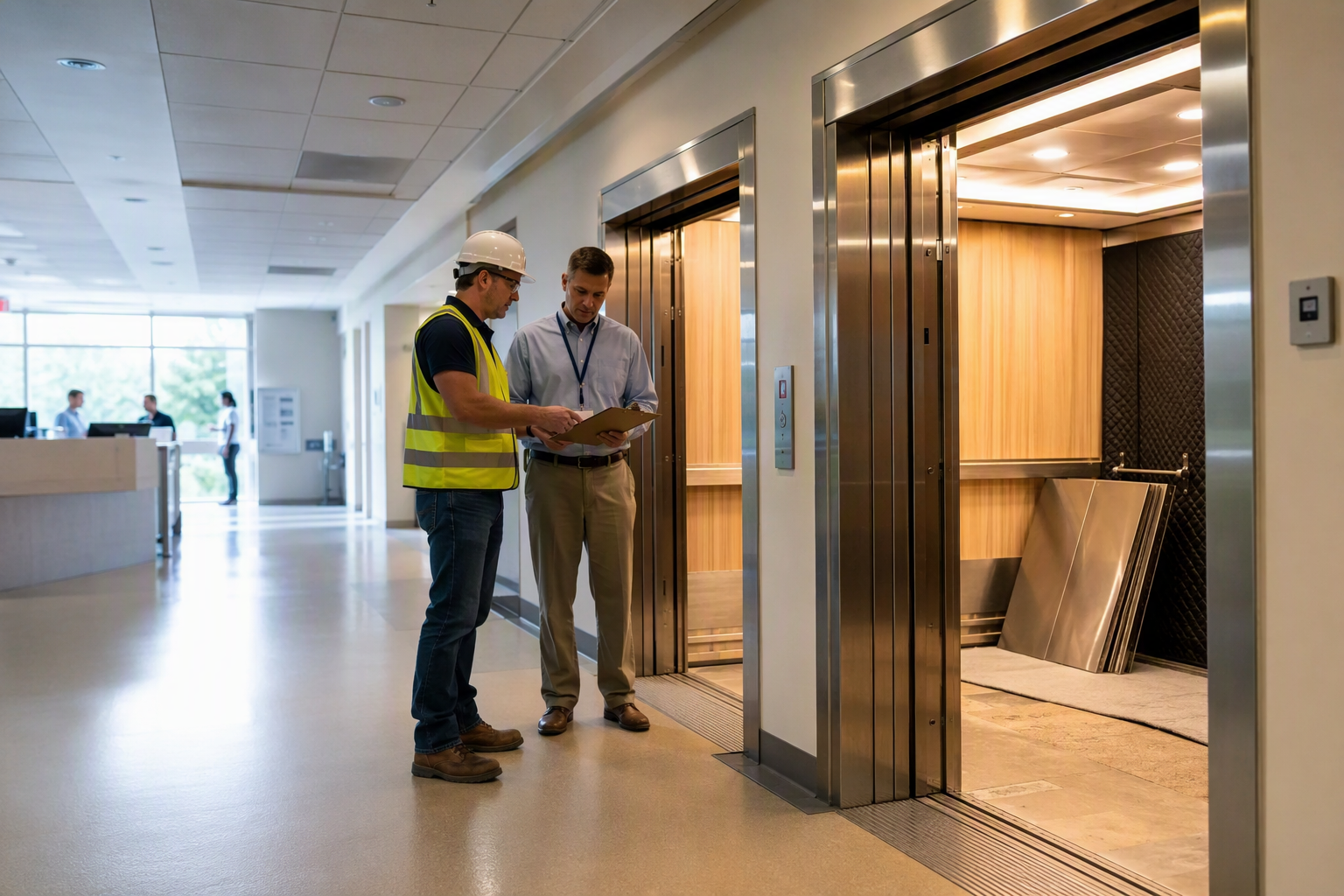 Healthcare Elevator Modernization in Progress Elevator technician and hospital facilities manager reviewing a modernization project at a healthcare facility elevator bank in a Baltimore-area medical building.