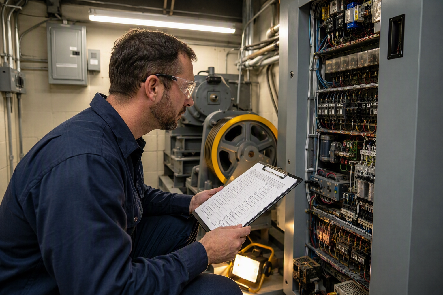 Compliance Assessment — Machine Room Controller Review Elevator technician reviewing ASME A17.1 compliance checklist against a relay-logic controller in a Baltimore mid-rise machine room during a modernization assessment.