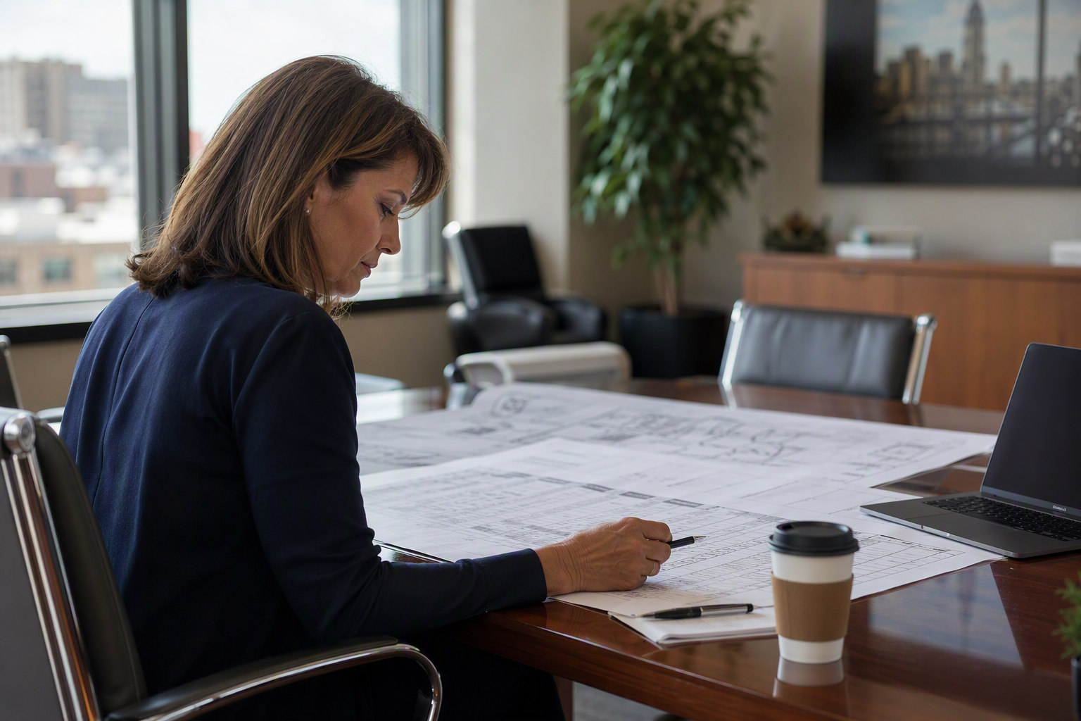 Cost-Effectiveness Analysis for Mid-Rise Elevator Projects Baltimore building manager reviewing elevator modernization versus replacement cost comparison documents and architectural drawings at an office conference table.