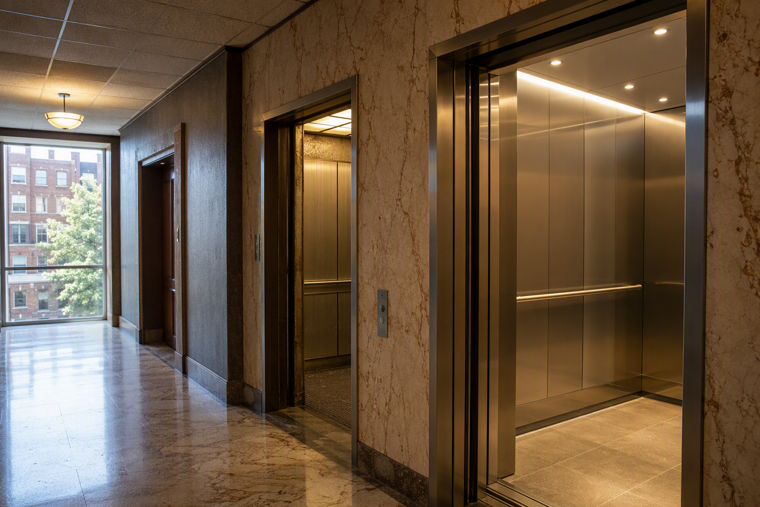 Elevator Modernization vs. Replacement — Baltimore Mid-Rise Side-by-side elevator cabs in a Baltimore mid-rise office building showing original worn interior versus a modernized cab with LED lighting and new stainless-steel panels.