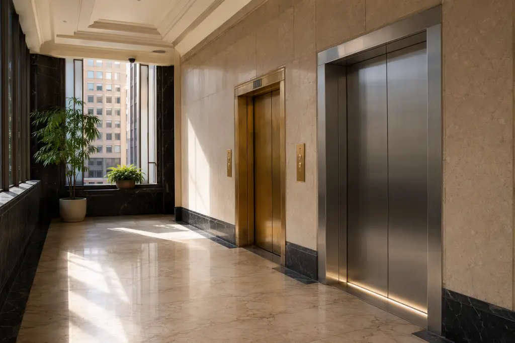 Baltimore commercial building elevator lobby showing side-by-side comparison of original elevator door and modernized stainless steel elevator door during an elevator modernization project