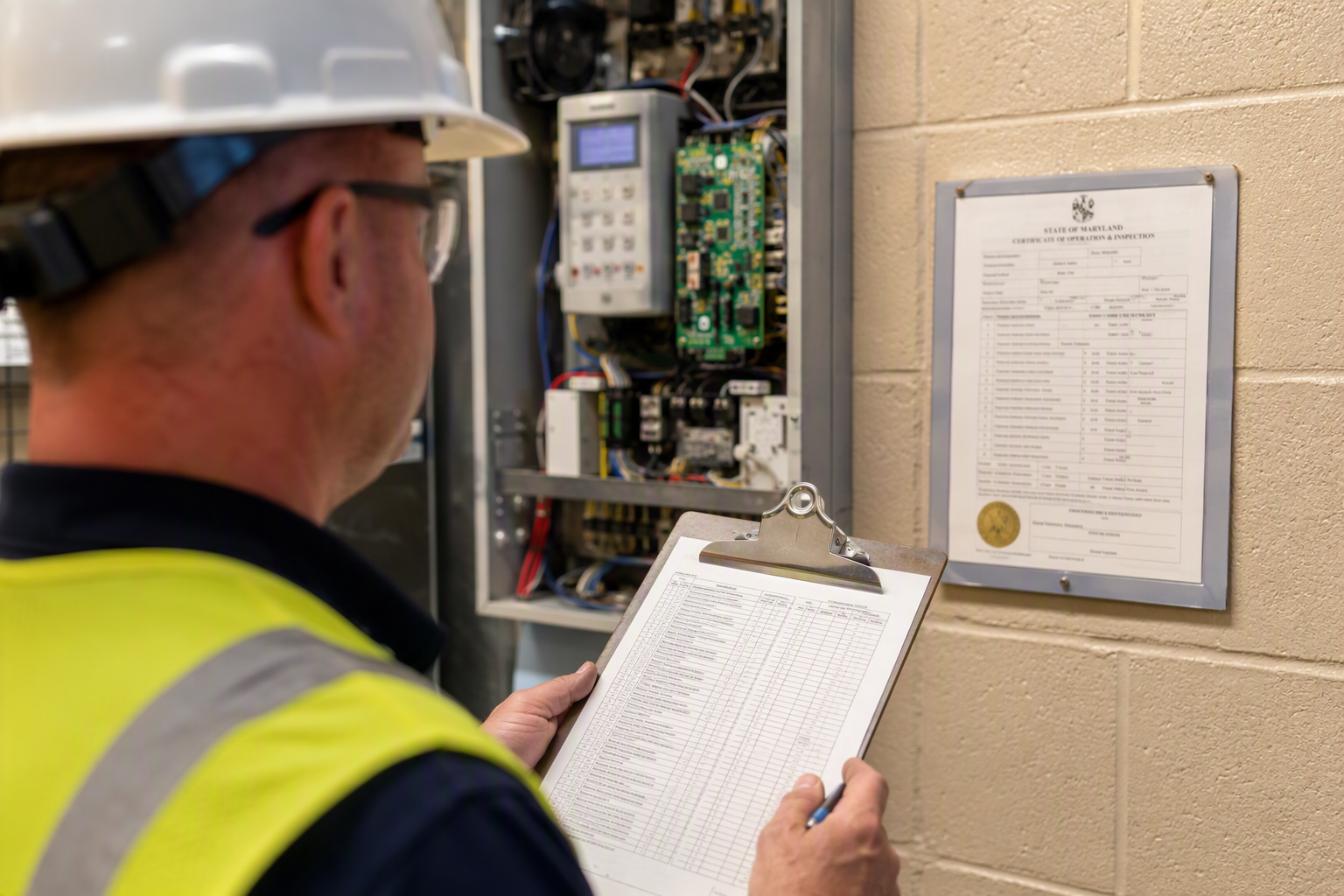 Licensed elevator inspector reviewing Maryland elevator inspection certificate and compliance checklist in a Baltimore commercial building machine room