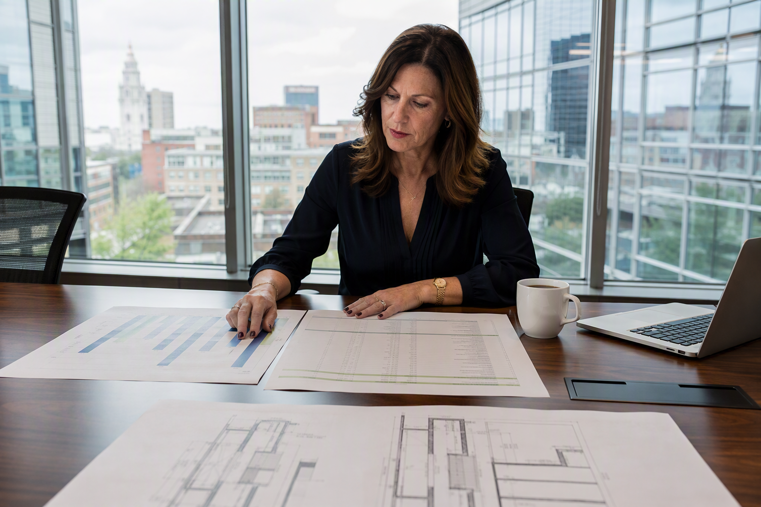 Baltimore building property manager reviewing elevator modernization versus full replacement cost proposals and hoistway drawings at a conference table