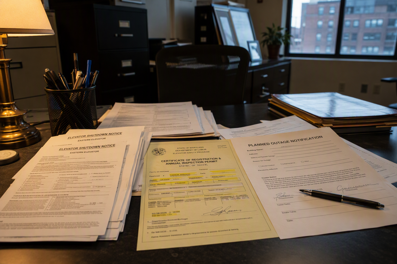 Planned elevator shutdown notification forms and inspection permit spread on a Baltimore building manager's desk under warm desk lamp light