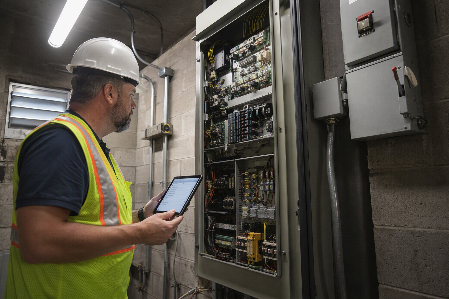 Licensed elevator inspector reviewing digital checklist beside an open elevator controller cabinet in a Philadelphia commercial building machine room