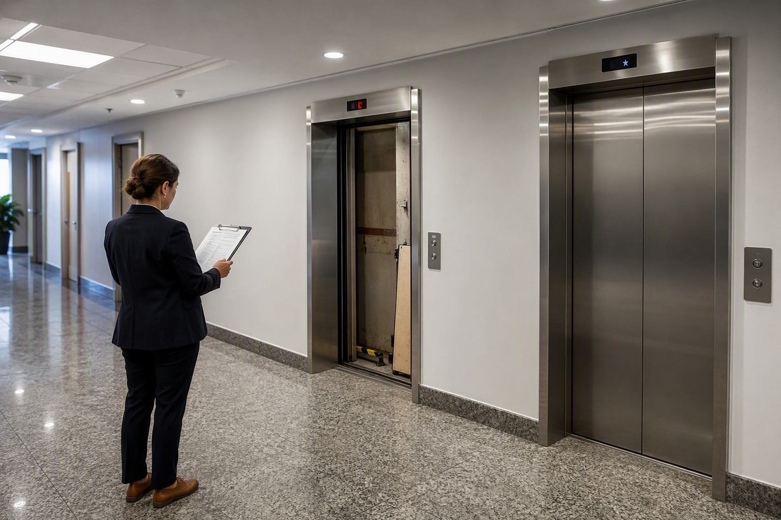 Property manager reviewing compliance paperwork in front of an out-of-service elevator in a Washington DC office building corridor