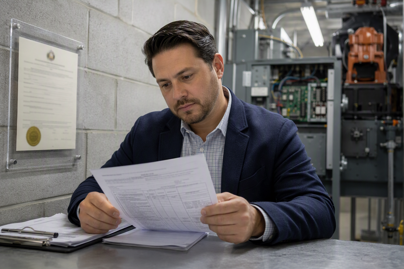 Elevator compliance inspector reviewing ASME A17.1 checklist and operating certificate in a Philadelphia apartment building machine room, illustrating federal and state elevator code requirements.