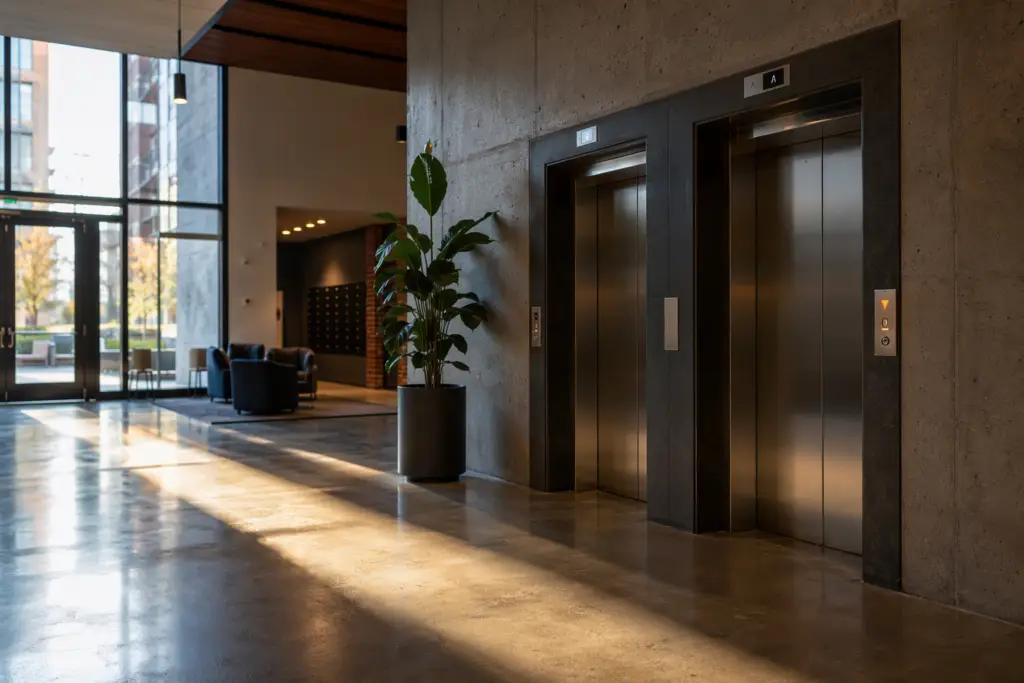 Modern mid-rise apartment building lobby in Baltimore showing two stainless-steel elevator doors with ADA-compliant hall call buttons, illustrating multifamily elevator requirements.