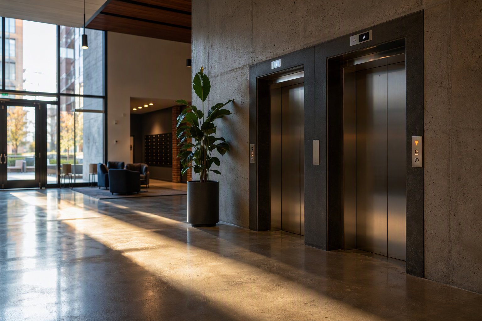 Modern mid-rise apartment building lobby in Baltimore showing two stainless-steel elevator doors with ADA-compliant hall call buttons, illustrating multifamily elevator requirements.