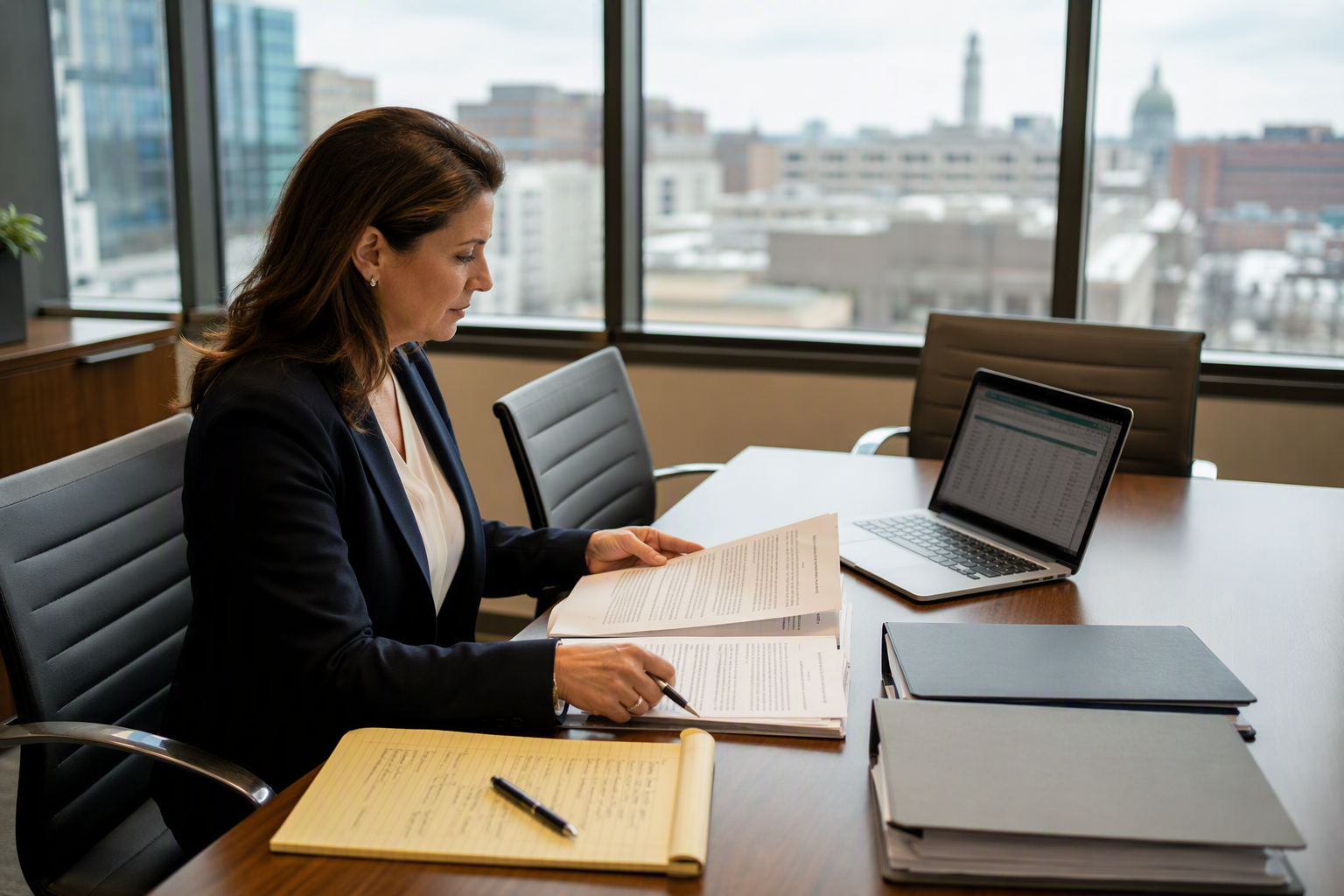 Facility manager reviewing and comparing elevator service contract documents at a conference table in a Baltimore office building, 125 chars