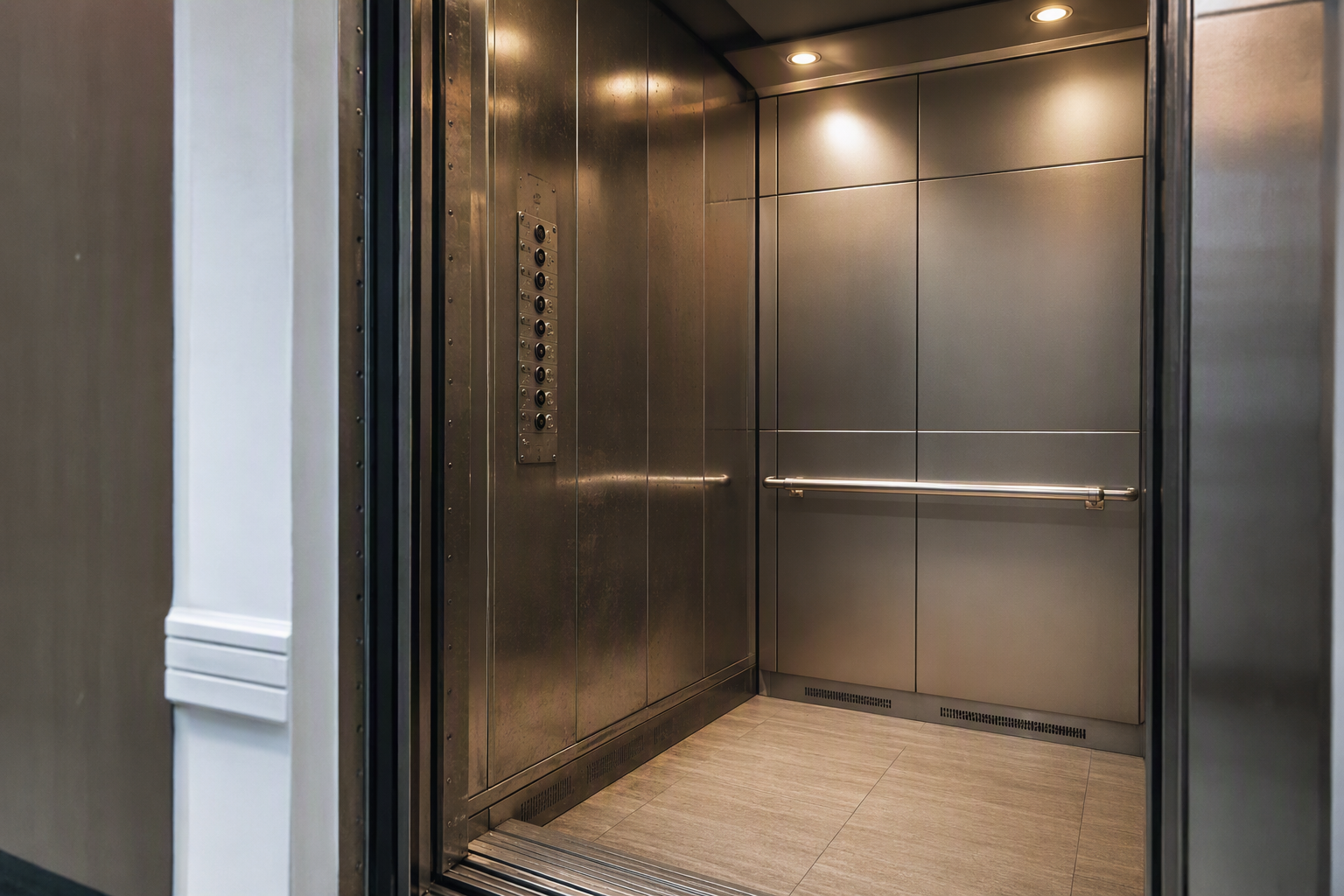 Commercial elevator cab interior showing older original fixtures alongside newly upgraded LED lighting and handrails, illustrating contract coverage differences