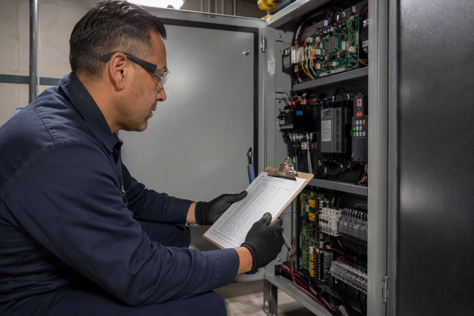 Elevator mechanic reviewing a compliance inspection checklist beside an open controller cabinet in a commercial building machine room